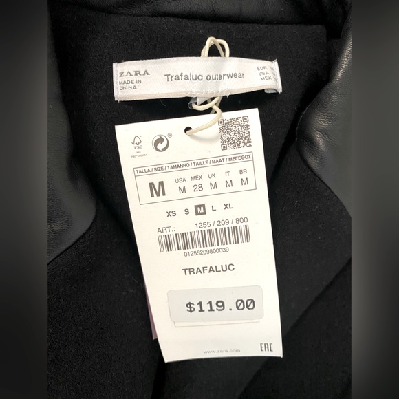 NWT Zara Black Wool Blend Fall/Winter Coat Vegan Leather Detail Trafaluc - Picture 2 of 2